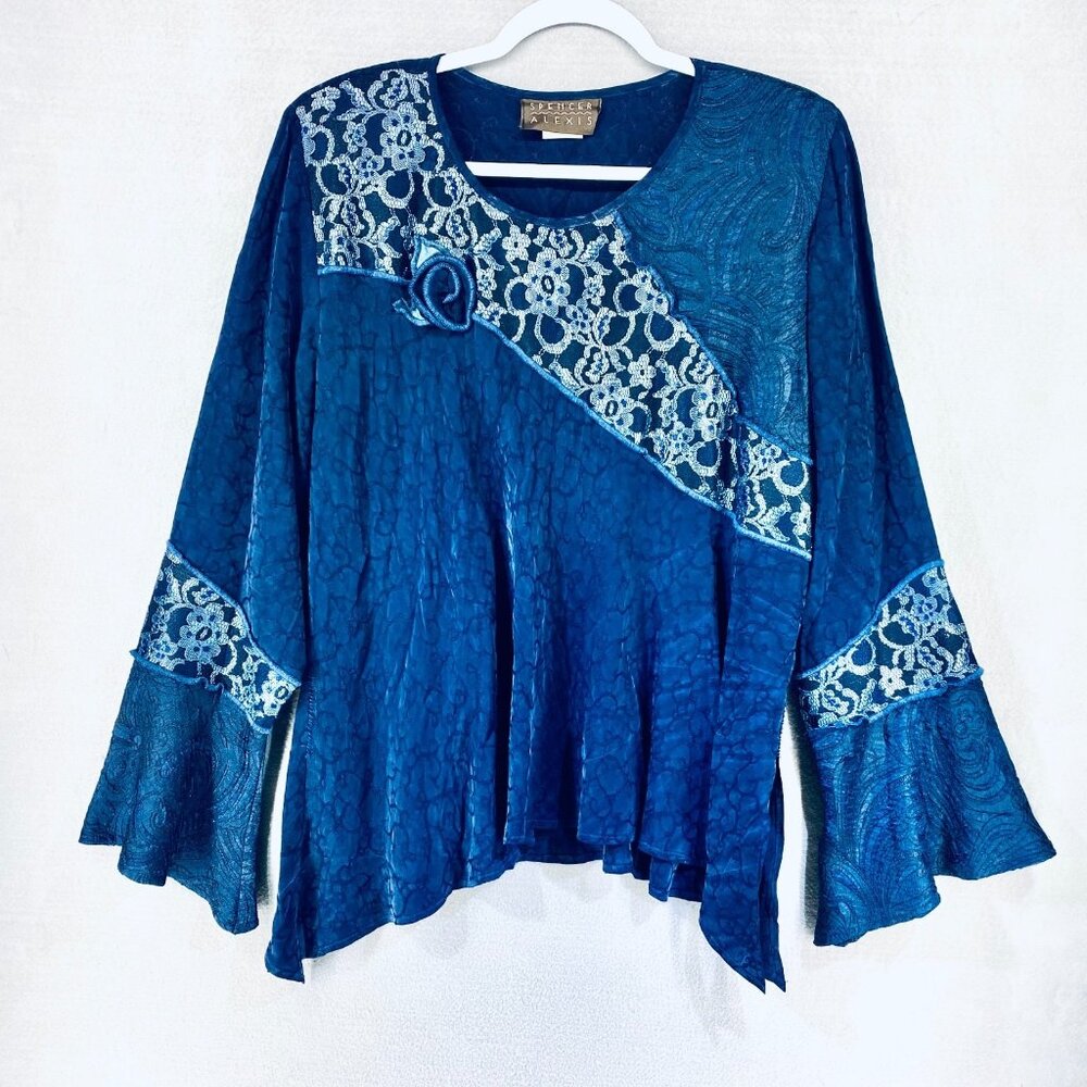 Vintage Spencer Alexis Top Womens L Blue Lace Blouse Fairycore Cottage Boho